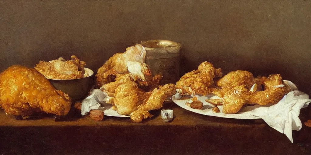 Image similar to a fineart still life painting of a KFC bucket and chicken on table. Oil on canvas, by Willem Kalf.