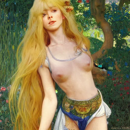 Image similar to A young woman with blonde long hair and bangs in shorts and white shirt drawn by Donato Giancola and Robert McGinnis and Julie Bell and frank frazetta and alphonse mucha, background by James Jean and gustav klimt, 4k, sunny day, volumetric lighting, french nouveau, trending on artstation, octane render, hyperrealistic