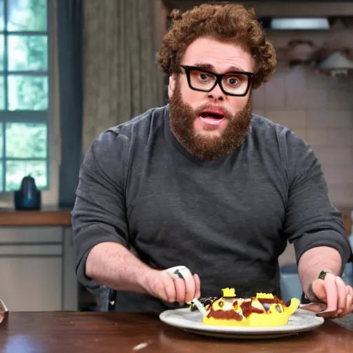 Prompt: seth rogan holding a fork and knife, about to eat a minion that is laying dead on a plate