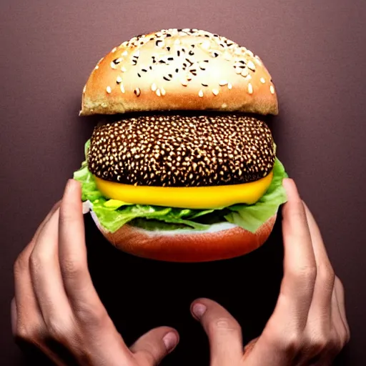 Prompt: a man's head poking out of a hamburger with a sesame seed bun. top down view.