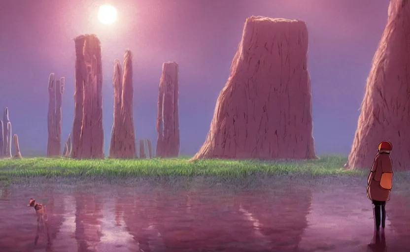 Image similar to a realistic cell - shaded studio ghibli concept art from paprika ( 2 0 0 6 ) of a pack of wildebeest and a multi - colored cube from close encounters of the third kind ( 1 9 7 7 ) in a flooded monument valley stonehenge jungle with giant trees on a misty starry night. very dull colors, portal, hd, 4 k, hq
