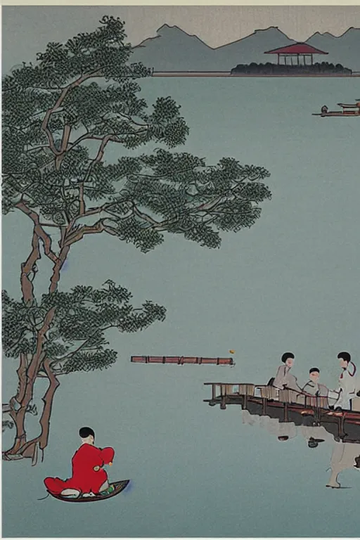 Prompt: A cartoon scenery of West Lake by Feng Zikai.