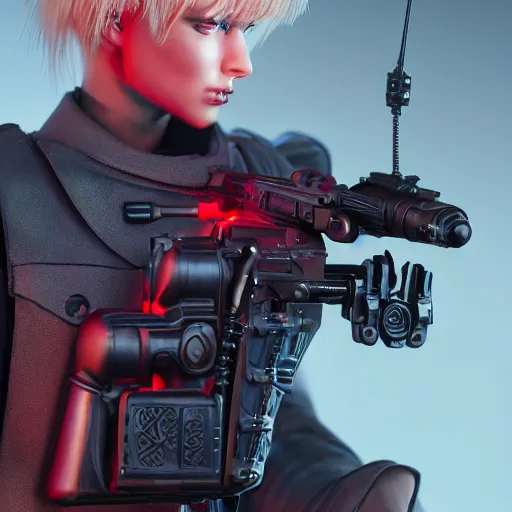 Prompt: close up of evil futuristic dystopian regime soldier, plasma gun, blonde hair, fox ears on hair, human, female, concept design, contrast, hot toys, kim jung gi, greg rutkowski, zabrocki, karlkka, jayison devadas, trending on artstation, 8 k, ultra wide angle, pincushion lens effect, red and black color scheme