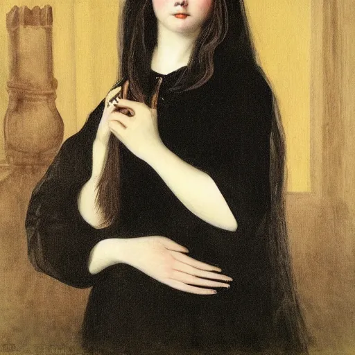 Image similar to a portrait of a gothic young women with long hair in a magical castle by currin, john