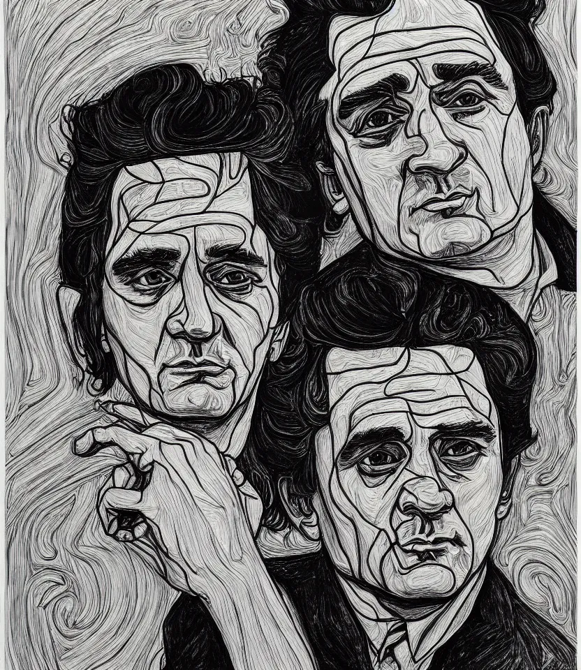 Image similar to detailed line art portrait of johnny cash, inspired by egon schiele. contour lines, musicality, twirls, curls, curves, confident personality