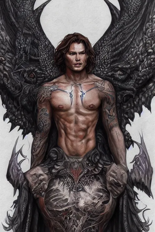 Prompt: front portrait of attractive sam winchester as a muscularshaman with demon wings wide open, teared apart shirt whole body tattooed with runes and symbols, d & d!, fantasy style, sharp focus!, ultra detailed, art by artgerm and peter andrew jones, wlop