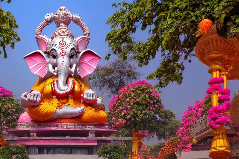 Image similar to beautiful futuristic new delhi, sharp biophilic ganesha!! building, kalighat flowers, highly detailed, stephen shore & john j. park, cinematic morning light, wide shot, ground angle, uhd 8 k, sharp focus