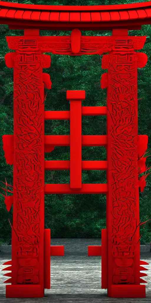 Prompt: 3 d render of a carved red torii gate sculpture, chrometype, made of liquid metal, neotribal with thorns and thunders, japanese temple, raytraced, volumetric lightning, 8 k, by zhelong xu, ouchh and and innate studio