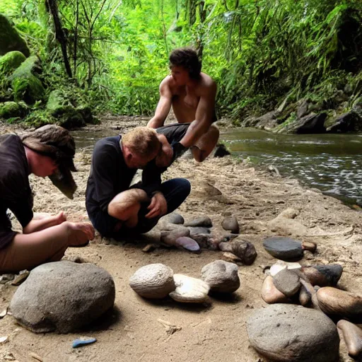 Prompt: homoerectus, apeman, caveman, prehistoric people, make pebble tools at the river bank in the rainforest
