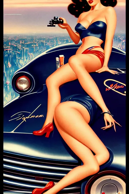 Prompt: beautiful retro space megan fox varga girl sitting on a corvette in diesel punk city, windblown dark hair, retro pinup model, seductive, 1 9 4 0, glamour pose, intricate, smoke, hyper detailed, digital art, smooth, sharp focus, alberto vargas, gil elvgren, greg rutkowski