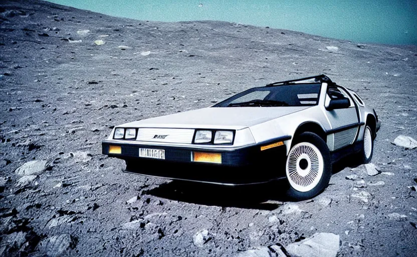Prompt: a dreamy retro 8 0 s photo of a delorean on the moon, bloomy, colorful, awesome