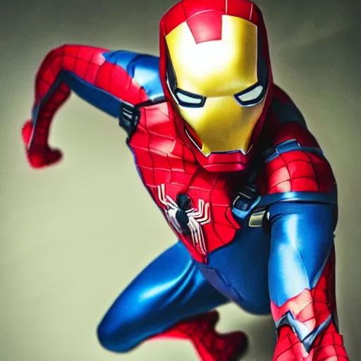 Image similar to a single iron man and spider - man hybrid, dslr, polaroid