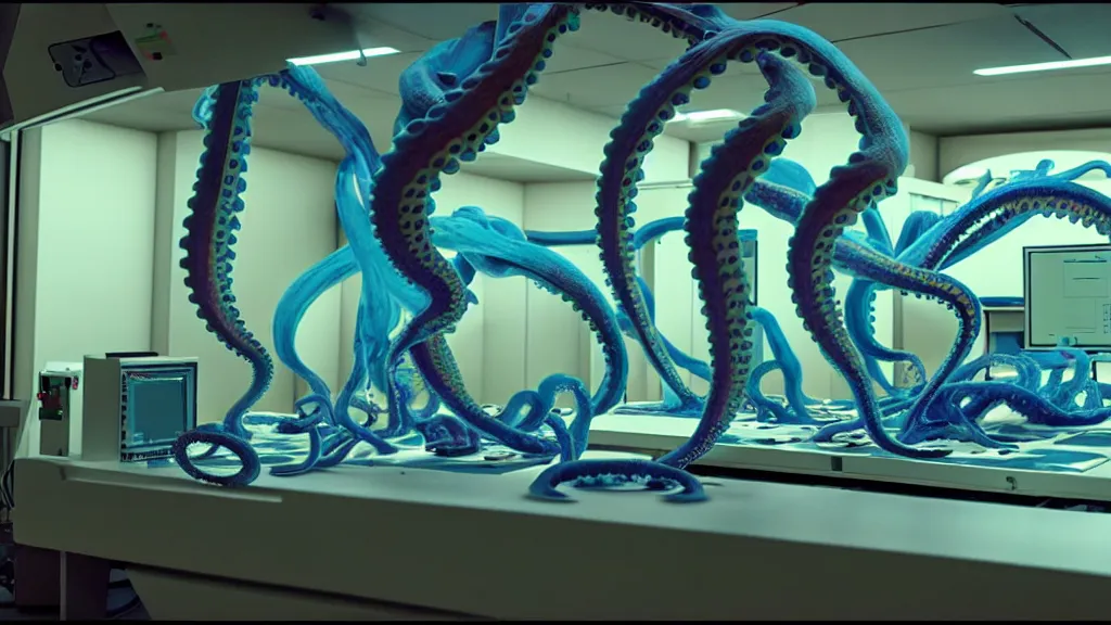 Image similar to a complex mri 3 d printer machine making colorful mutant octopus forms and control panels in the laboratory inspection room, film still from the movie directed by denis villeneuve with art direction by salvador dali, wide lens