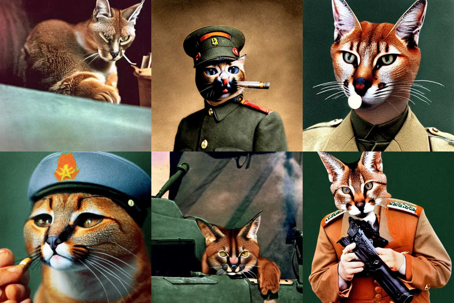 Prompt: colorized caracal cat as a soviet general smokes cigar film photography, cold war, military portrait