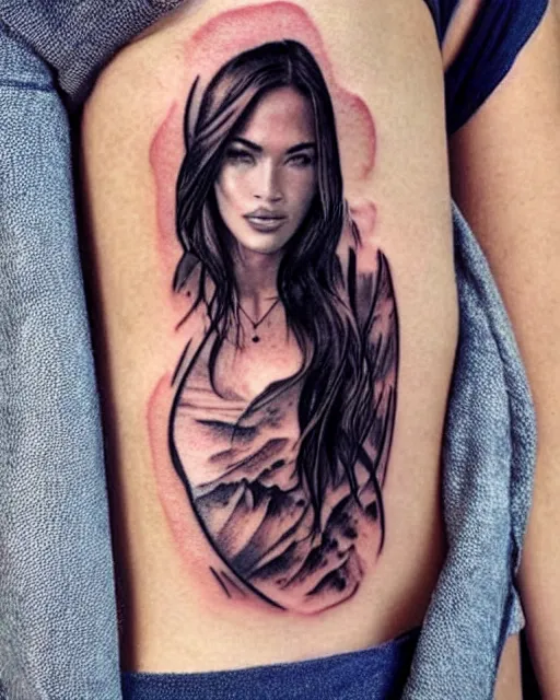 Image similar to creative double exposure effect tattoo design sketch of megan fox faded in beautiful mountain scenery, realism tattoo, in the style of matteo pasqualin, amazing detail, sharp