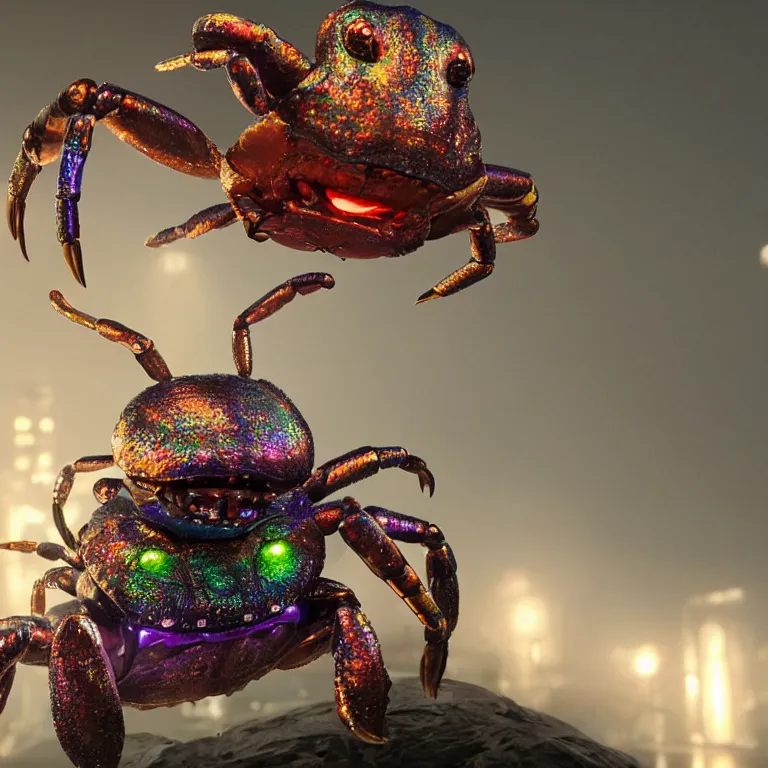 Prompt: vfx portrait shot by weta digital and industrial light and magic ilm, a colorful iridescent crab monster made out of shiny reflective silver metallic chrome with detailed intricate glowing bioluminescence, in the streets of a dark and moody seaside town, heavy fog, octane render, cinema 4 d, ray traced lighting, very short depth of field, bokeh