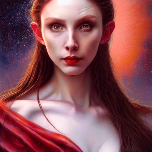 Prompt: a hyperrealistic acrylic portrait painting of the scarlet - witch by artgerm, beksinski and thomas kinkade. intricate details. believable eyes. front on, symmetrical. epic fantasy art. tattoos on face. extraterrestrial planet background