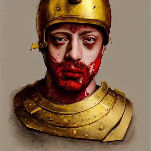 Image similar to Sam Hyde as a Roman warrior wearing gold and red armor, elegant suit, looking at bloody fist, portrait art by James Jean, highly detailed, digital painting, concept art, illustration, dim lighting with twilight rays of sunlight, trending on artstation, very detailed, smooth, sharp focus, octane render, close up