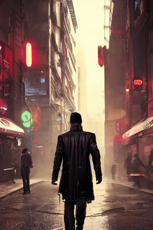 Prompt: in the foreground a Parisian street, in the background a dark-haired man from behind with flashes of electricity coming out of his hands wearing a long matrix-style jacket, realistic, high definition, many details, dramatic scene, detailed and realistic hands, symmetrical face, realistic eyes, cyberpunk art 2077