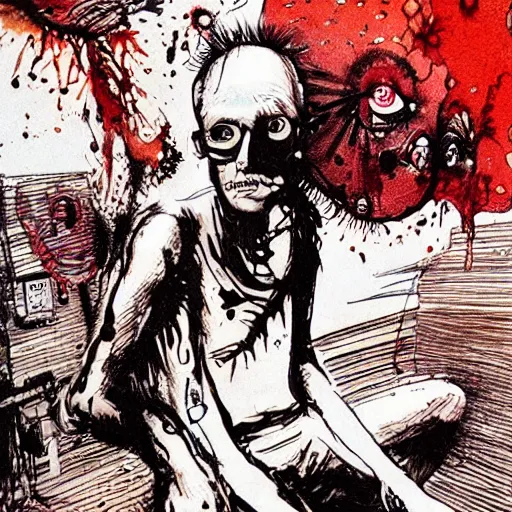 Image similar to Graphic Illustration, Creative Design, bad dream, Biopunk, Body horror, by Ralph Steadman, Francis Bacon, Hunter S Thompson