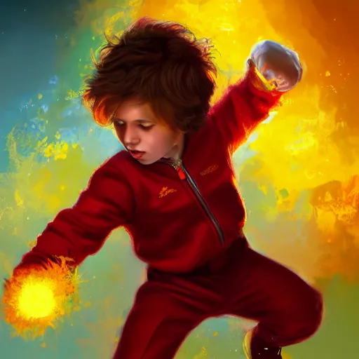 Image similar to colorful and festive captivating young child boy, brown fluffy hair, wearing red and yellow hero suit, shooting a yellow energy sphere out of his fist. full body, rich vivid colors, ambient lighting, dynamic lighting, 4 k, atmospheric lighting, painted, intricate, highly detailed by charlie bowater