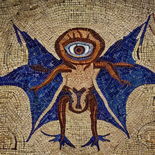 Image similar to medium shot Mosaic depicting a cute realistic adorable vampire bat big eyes, realistic wings, looking left, round blue background, from Italica, AD 176-275. Archaeological Museum, Seville. Byzantine mosaics, highly detailed, HQ, HD, beautiful, National Geographic,