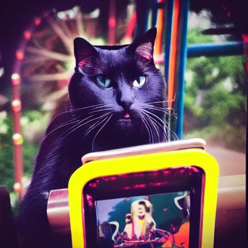 Image similar to black cat on a rollercoaster. happy. sunlight. polaroid photo. bright colors.