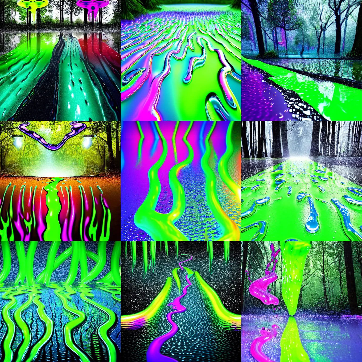 Prompt: slippery viscous reflective stretching neon colorful slime with large drops flows down on tree branches, blurry dramatic forest background, realistic, photorealism, landscape, puddles splash in different directions, reflection of drops and trees in puddles, 8 k