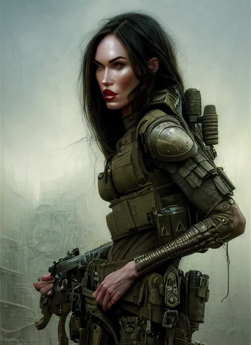 Image similar to closeup portrait shot of megan fox swat team soldier in a scenic dystopian environment, intricate, elegant, highly detailed, centered, digital painting, artstation, concept art, smooth, sharp focus, illustration, artgerm, tomasz alen kopera, peter mohrbacher, donato giancola, joseph christian leyendecker, wlop, boris vallejo