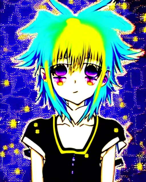 Prompt: neo tokyo japanese anime kawaii decora hologram of rimuru tempest, sky blue hair, golden yellow eyes, wearing black stylish clothing, holography, irridescent, baroque visual kei glitch art