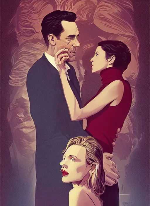 Image similar to poster artwork by Michael Whelan and Tomer Hanuka, Karol Bak of Naomi Watts & Jon Hamm husband & wife portrait, in the pose of The Notebook poster, from scene from Twin Peaks, clean, simple illustration, nostalgic, domestic, full of details