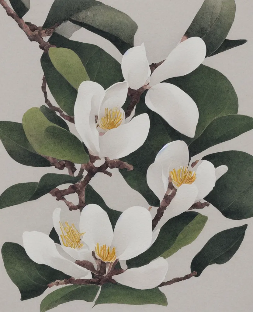 Image similar to japanese naturalist watercolor of magnolia sprig on white background. textbook.