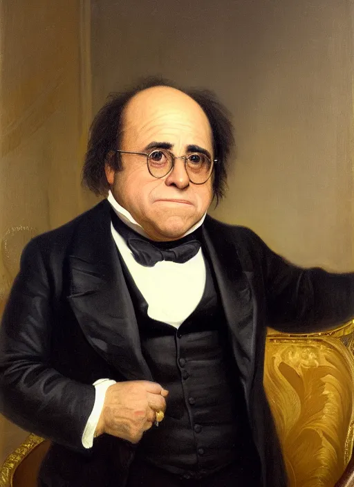 Prompt: portrait of the united states president, 1 8 6 7, danny devito. standing in the oval office. oil on canvas by william sidney mount, trending on artstation