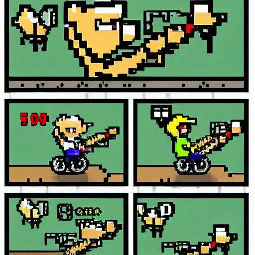 Prompt: bear riding bike shooting gun, 8bit style