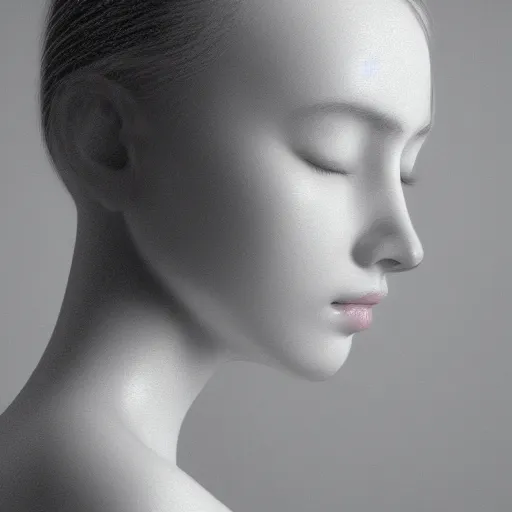 Prompt: photorealistic portrait of a beautiful young woman, translucent stone white skin, closed eyes, foggy, closeup