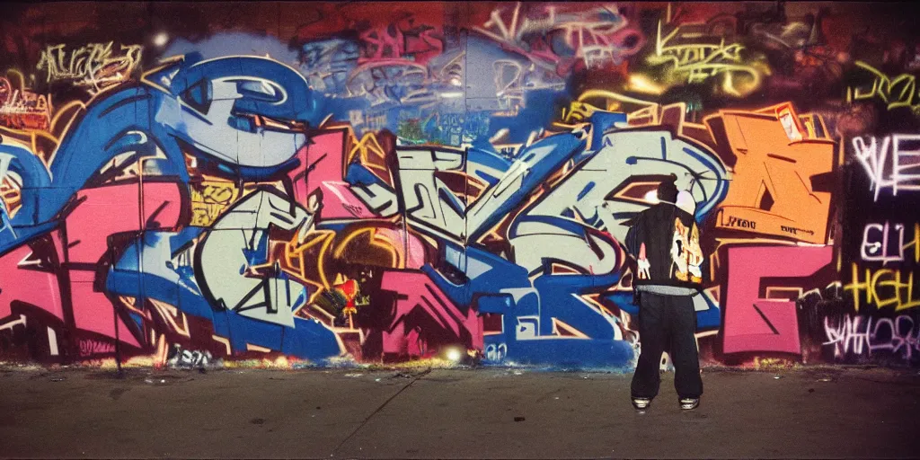 Image similar to bronx, night, city lights, graffiti on the wall, man in the carhartt jacket, coloured film photography, 3 5 mm film, bruce davidson photography, willy spiller photography