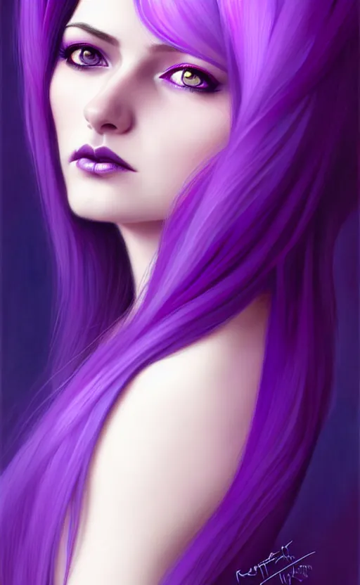 Image similar to Purple hair relistic Portrait of a woman with bright colored flying hair, all shades of purple. Hair coloring, long hair, blue eyes, fantasy, intricate, elegant, highly detailed, digital painting, artstation, concept art, smooth, sharp focus, illustration, art by artgerm and greg rutkowski and alphonse mucha