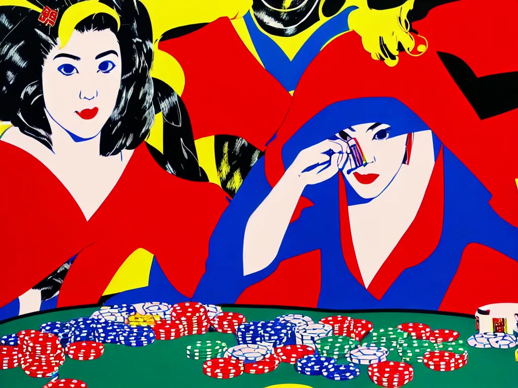 Image similar to hyperrealism composition of the detailed woman in a japanese kimono sitting at a poker table with superman, fireworks on the background, pop - art style, andy warhol style, acrylic on canvas