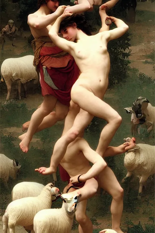 Prompt: battling Spartans against sheep in the style of  William Adolphe Bouguereau