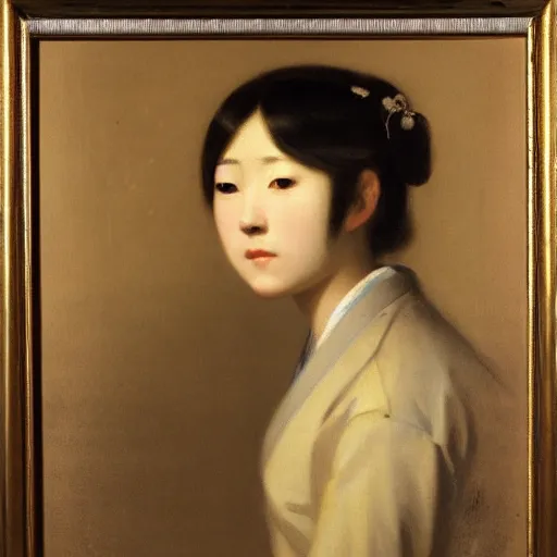 Image similar to Portrait of a japanese young lady, Rim Lighting, Lantern, by Camille Corot