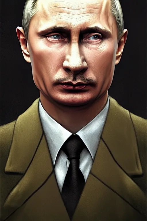 Prompt: vladimir putin as hitler, realistic portrait, symmetrical, highly detailed, digital painting, artstation, concept art, smooth, sharp focus, illustration, cinematic lighting, art by artgerm and greg rutkowski and alphonse mucha