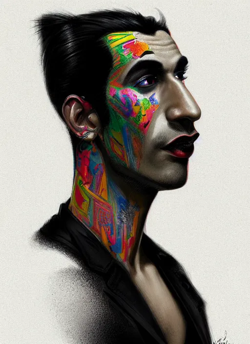 Prompt: portrait of a brazilian man with a crooked nose and a confident expression, 1 9 6 0 s, black clothes, goth, punk, brightly coloured hair, funk, intricate, elegant, highly detailed, digital painting, artstation, concept art, smooth, sharp focus, illustration, art by wlop, mars ravelo and greg rutkowski