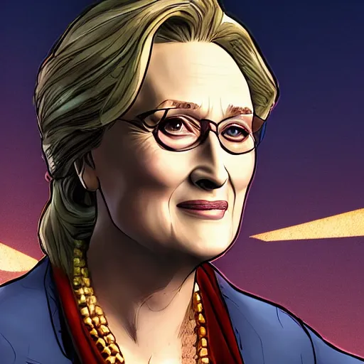 Prompt: meryl streep portrait, borderlands, tales from the borderlands, the wolf among us, comic, cinematic lighting, studio quality, 8 k