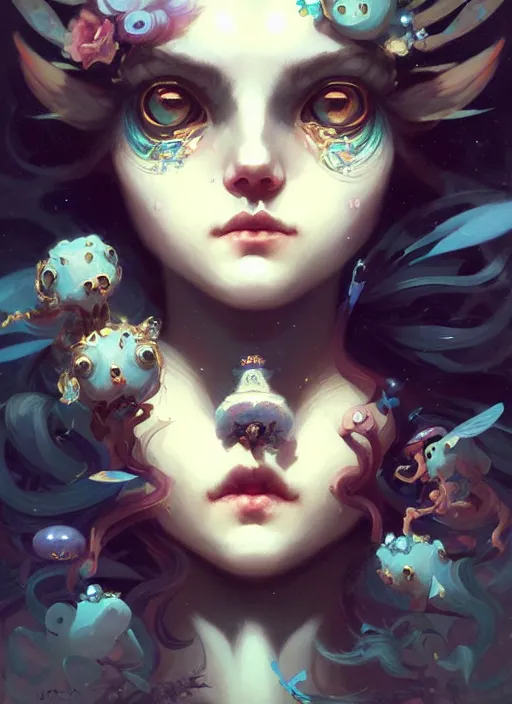Image similar to close up picture of an maximalist dress girl, neat hair, extremely beautiful and aesthetic and detailed cute face and eyes, with cute familiar sprites, chiaroscuro, intricate, masterpiece, fantasy illustrations by peter mohrbacher and anato finnstark and jeremy lipking