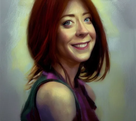 Image similar to a hyper-detailed portrait of Alyson Hannigan by Craig Mullins; oil on canvas; trending on artstation; 90mm; f/1.4