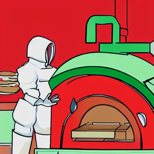 Prompt: eva 02 colored white red and green in front of a building sized pizza oven making pizza