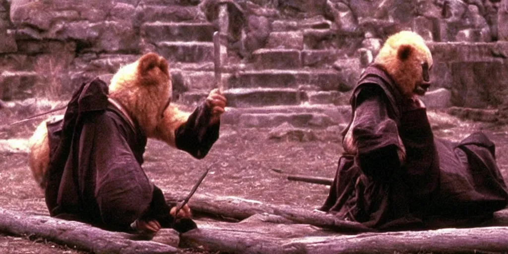 Prompt: scene from Shogun’s Shadow, 1989, movie still, cinematic, anthropomorphic half man half bear, epic, samurai