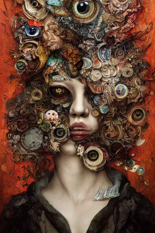 Image similar to A detailed maximalist portrait with large eyes, exasperated expression with an existential dread of love, mixed media torn paper collage, highly detailed and intricate illustration, high fashion, in the style of Ryohei Hase