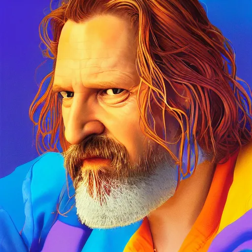 Image similar to a colorful closeup portrait of the dude from the big lebowski. he holds all the wisdom of the world in his eyes. dreamy vibes floating head and dreaming psychedelic hair. halo behind his head. trending on artstation. by peter mohrbacher and moebius and alex ross. intricate detail. hyperrealistic. photorealism. 8 k. flat design