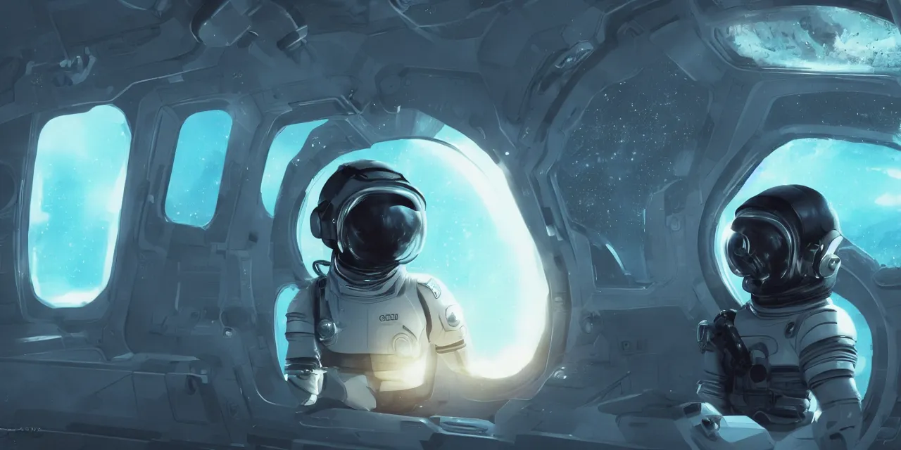 Prompt: Zoe Kravitz with short hair as a futuristic astronaut, outside large window of ship, helmet with clear HUD shield and led lights, underwater in the ocean at night, dark water, volumetric lighting, glowing lights, 4k, octane, digital painting, artstation, concept art, sharp focus, illustration, high contrast, high saturation , cinematic film still, art by artgerm and greg rutkowski and alphonse mucha , wide angle view,